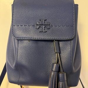 Tory Burch Blue Structured Backpack with Tassels
